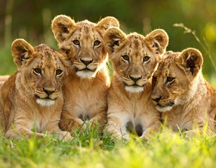 Obraz premium Four lion cubs nestled together in tall grass