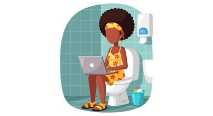 Woman working on laptop in bathroom -  illustration for articles about work-life balance or remote work.
