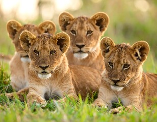 Obraz premium Four lion cubs resting in tall grass