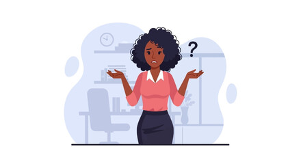 Confused businesswoman, illustration for website or presentation, depicting uncertainty or problem-solving.