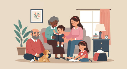 Multigenerational family enjoying time together at home, perfect for family blogs, websites, or brochures.