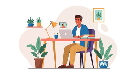 Happy man video conferencing from home office, perfect for remote work, communication, or technology websites and blogs.