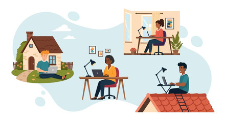Diverse group of people working remotely from home, perfect for illustrating work from home concepts, telecommuting, or remote work.