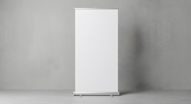 A blank white rollup banner stand, a versatile advertising and promotional display tool, stands ready for custom graphics and branding in a modern interior setting with concrete walls and floor
