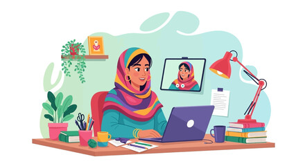 Happy woman in hijab video conferencing on laptop, perfect for remote work, communication, or technology websites.