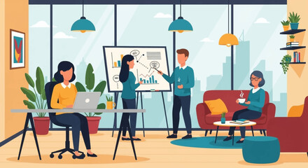 Diverse team brainstorming in a modern office, perfect for presentations on teamwork and collaboration.