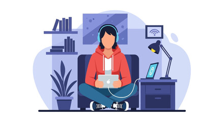 Person relaxing at home with tablet and headphones, perfect for website banners or blog posts about work-life balance.