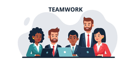 Diverse business team collaborating on laptops, perfect for teamwork, collaboration, and corporate presentations.