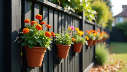 Fototapeta premium Colorful Hanging Flower Pots on Wooden Fence Surrounded by Green Plants