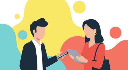 Modern illustration of two businesspeople exchanging information using a smartphone and tablet, ideal for websites and presentations.