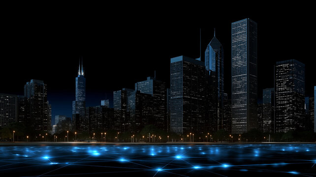 A 3D render displays a smart city skyline at night, with illuminated buildings and an abstract network of glowing blue connections across the water.