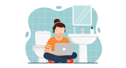Person working on laptop in bathroom, perfect for illustrating remote work, work-life balance, or unusual workspaces.
