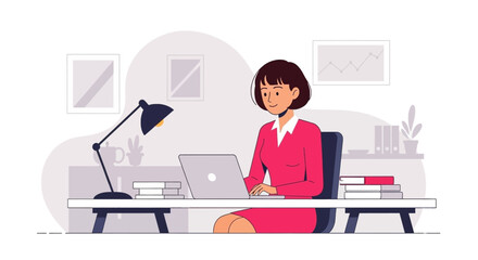 Young businesswoman working on laptop at her desk. Perfect for websites, blogs, and presentations on productivity, remote work, or entrepreneurship.