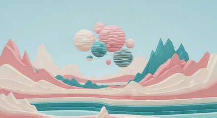 Surreal landscape with floating spheres and pastel mountains