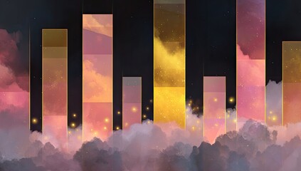Abstract sunset cloudscape, glowing bars, night sky; website header