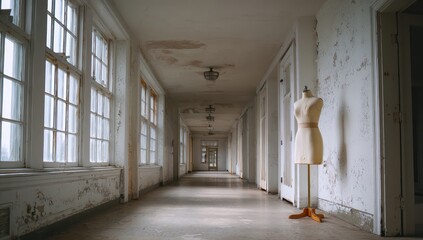 Mannequin stands in an abandoned corridor; eerie light through windows. Interior decor