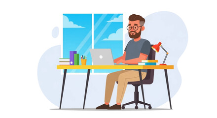 Happy man working on laptop at home office, perfect for website banners or blog posts about remote work.