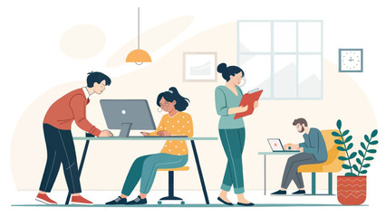 Collaborative Teamwork in a Modern Office: Illustration for Websites and Brochures
