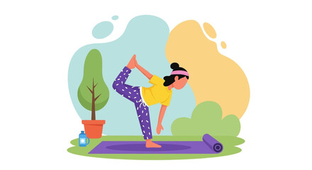 Woman doing yoga outdoors in a park, perfect for wellness websites or brochures.