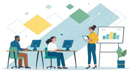 Diverse team collaborating on project, presenting data, growth chart, modern office workspace, suitable for website landing page or business brochure.