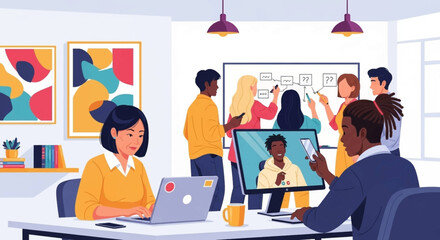 Diverse team brainstorming and collaborating in a modern office, perfect for illustrating teamwork and innovation in business presentations.