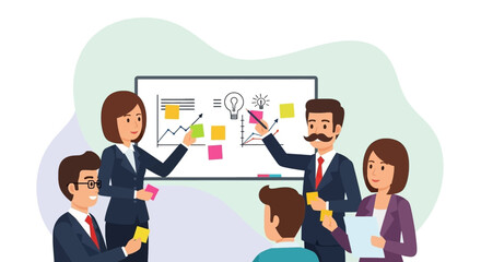 Business team brainstorming ideas on a whiteboard, perfect for presentations or marketing materials.