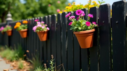 Colorful Hanging Flower Pots on Wooden Fence Surrounded by Green Plants