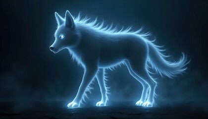 Obraz premium Ghost Wolf Rendered With Glowing Filaments In Darkness