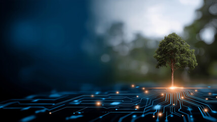 An abstract image features a glowing tree with roots transforming into a circuit board on a blue background, symbolizing eco-friendly technology.