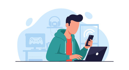 Young man using smartphone and laptop, perfect for blog posts about gaming, technology or online communication.