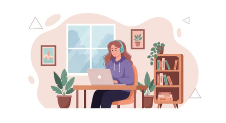 Young woman working from home on laptop, wearing headphones. Perfect for blog posts, websites, and social media about remote work, online learning, or freelance lifestyle.