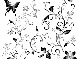 Black and White Butterfly Floral Decorative Pattern, Elegant Vintage Swirl Background, Fashion Wallpaper, Wedding Invitation Element