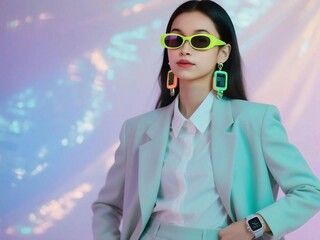 Retro style businesswoman with neon accessories on holographic backdrop