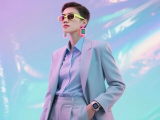 Retro style businesswoman with neon accessories on holographic backdrop