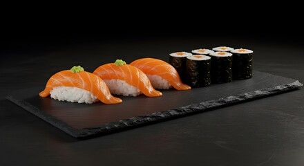 Salmon sushi arranged in a minimalist style on a dark stone plate, featuring a sophisticated and refined presentation &mdash; ideal for themes of Japanese cuisine, gourmet dining, and elegant food styling