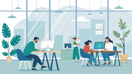 Modern office workers collaborating on projects, perfect for website banners or business brochures.