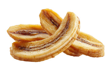 Dehydrated banana slices, golden brown, slightly curved