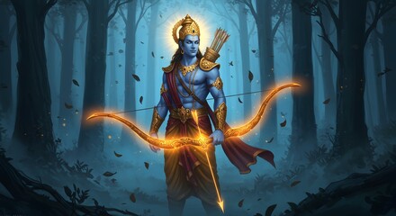 Lord rama, the divine hindu deity and avatar of vishnu, stands as a heroic warrior prince with a glowing bow and arrow in a mystical, embodying courage and strength from the ancient epic ramayana