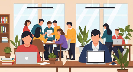 Diverse team collaborating in a modern office, ideal for website banners or business presentations.