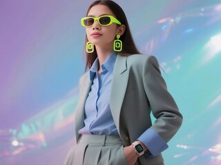 Retro style businesswoman with neon accessories on holographic backdrop