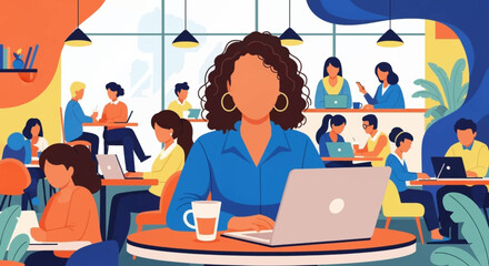 Diverse group of people working on laptops in a modern co-working space, ideal for website banners or marketing materials.