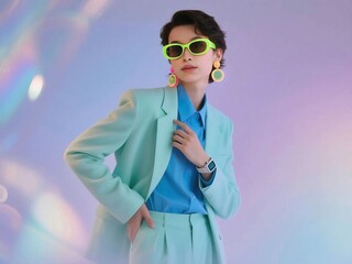 Retro style businesswoman with neon accessories on holographic backdrop