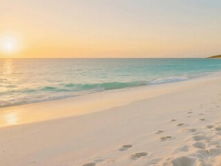 Footprints on Tropical Beach at Sunset with Golden Sky and Calm Ocean