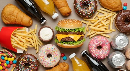 Assortment of ultra-processed foods including a double cheeseburger, French fries, donuts, sodas, and colorful candies — conceptual image highlighting unhealthy eating habits, ideal for themes .