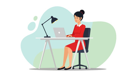 Woman working on laptop at desk - perfect for website banners or business presentations.
