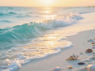 Seashells on White Sandy Beach with Soft Waves and Golden Sunset Light