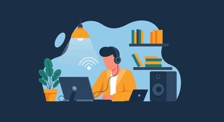 Person working from home with laptop, headphones, and speaker. Ideal for website banners, blog posts, and articles about remote work.
