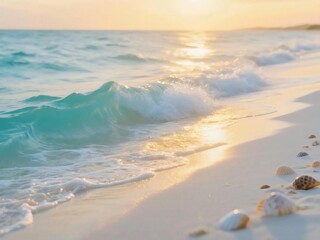 Seashells on White Sandy Beach with Soft Waves and Golden Sunset Light