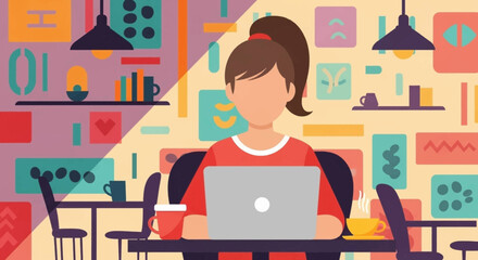 Young woman working on laptop in a colorful cafe, perfect for website banners or blog posts about remote work.