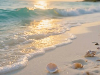 Seashells on White Sandy Beach with Soft Waves and Golden Sunset Light